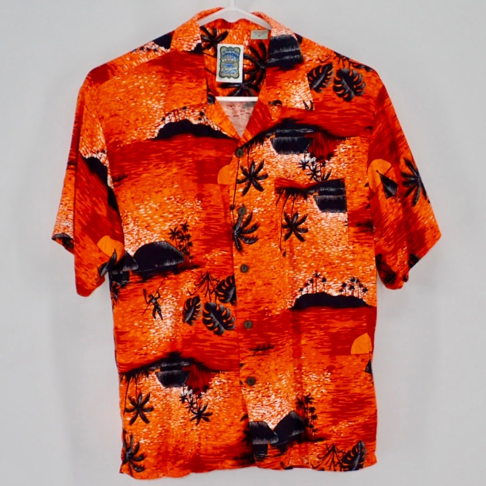 Ocean Current Hawaiian Aloha Shirt Orange Tropical Island Sz Medium Unisex Read